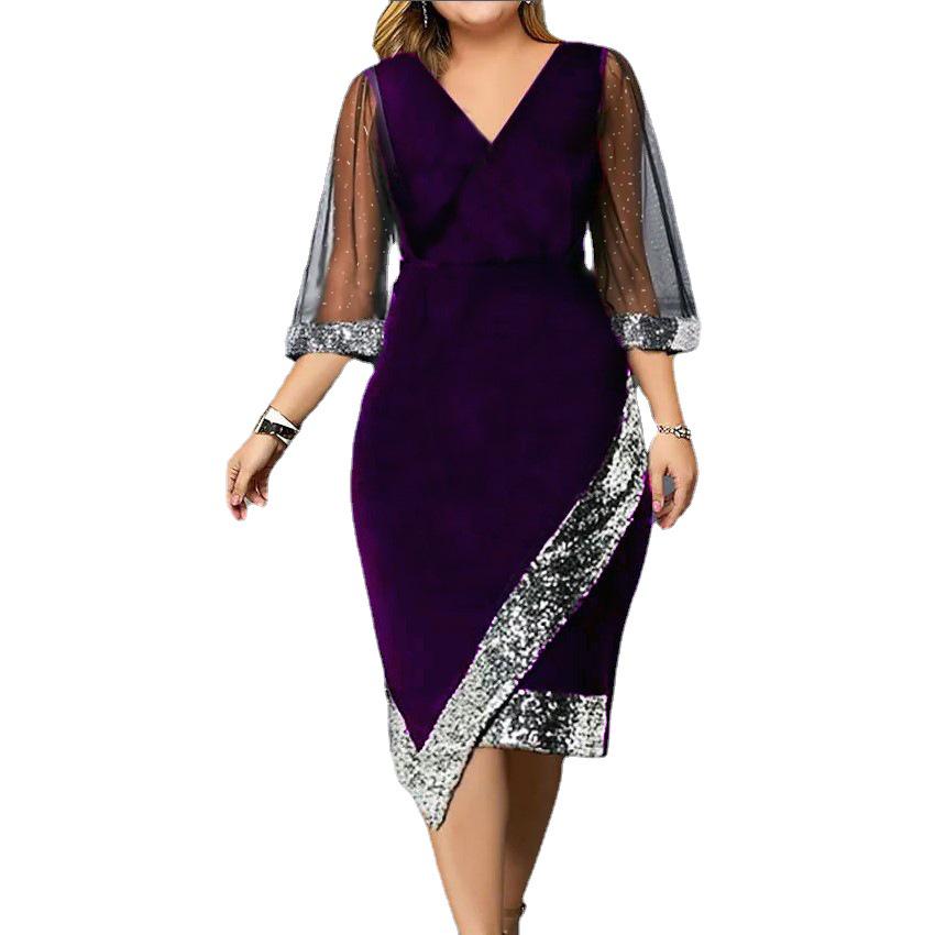 2026 Gold Velvet Irregular Sequin Sheer Mesh Women's Dress