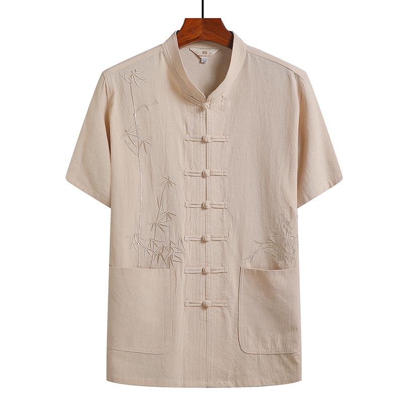 Costum Tang din bumbac-in cu mânecă scurtă pentru bărbați de vârstă mijlocie și în vârstă - Stil chinezesc Hanfu de vară
