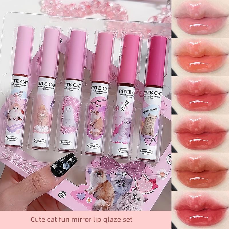 [Pack of Six] Cute Cat Playful Lip Glaze Set Mirror-Like Water Gloss Moisturizing and Whitening Gift Box for Students