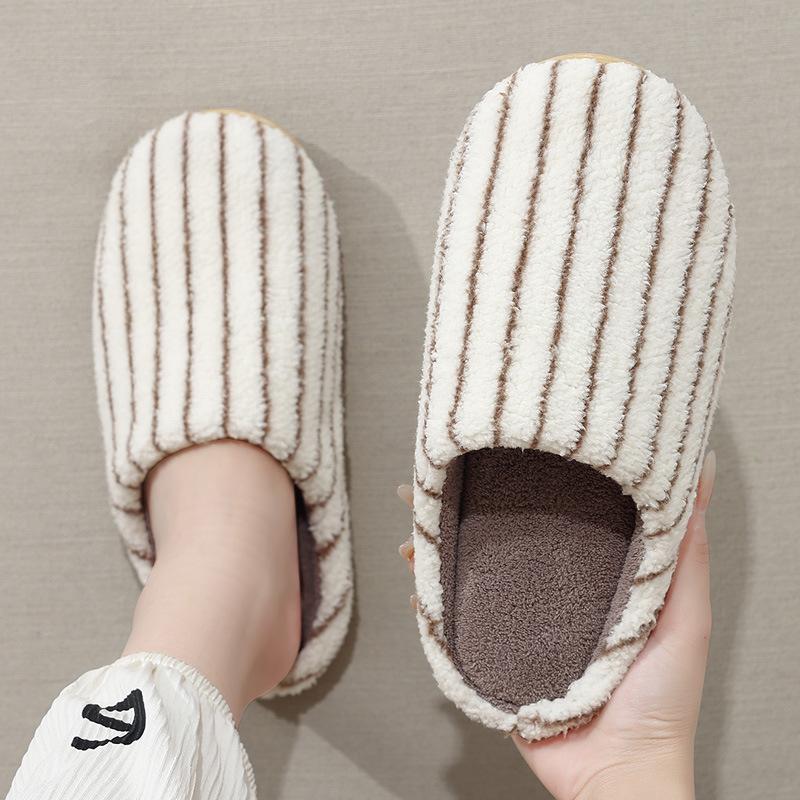 Striped cotton slippers winter plush warm non-slip bedroom indoor home fluffy slippers winter