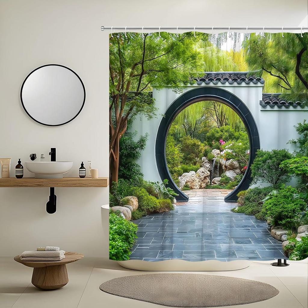 Natural Landscape Shower Curtain Chinese Patio Spring Asian Garden Courtyard Arch Stone Classical Shower Curtains Set Bathroom