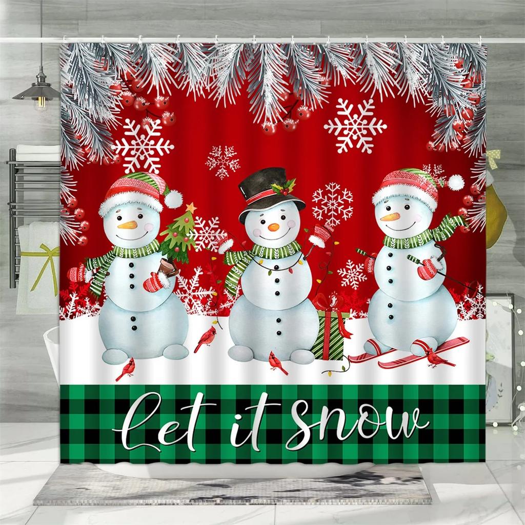 Christmas Shower Curtain, Winter Snowman Santa Claus Gnome Farm Farmhouse Cartoon Truck Christmas Tree Snowflake Bathroom Decor