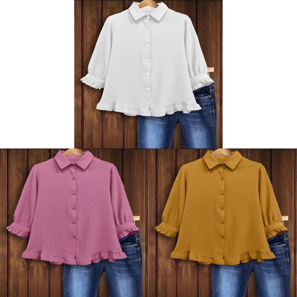 Womens Ice Silk Crinkle Polyester Shirt With Ruffled Trim Paneling For Elegant Office Wear