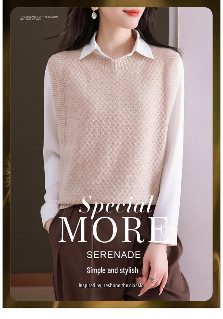 Women's Wool Knit Vest - 2025 Autumn/Winter New Style, Versatile Sleeveless Sweater with Shirt