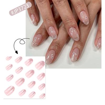 24 Stück Kurze Runde Aufklebenägel Blumen Falschnagel Einfacher Acrylnagel Glitzernd Vollabdeckung Aufklebenagel für Frau