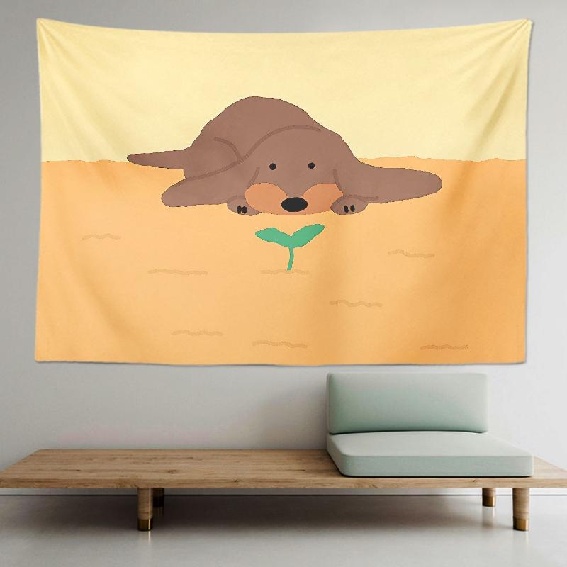 Cute Poodle Dog Leash Tapestry Wall Hanging Minimalist Cartoon Puppy Pastel Kawaii Aesthetic Wall Art Bedroom Dorm Decor