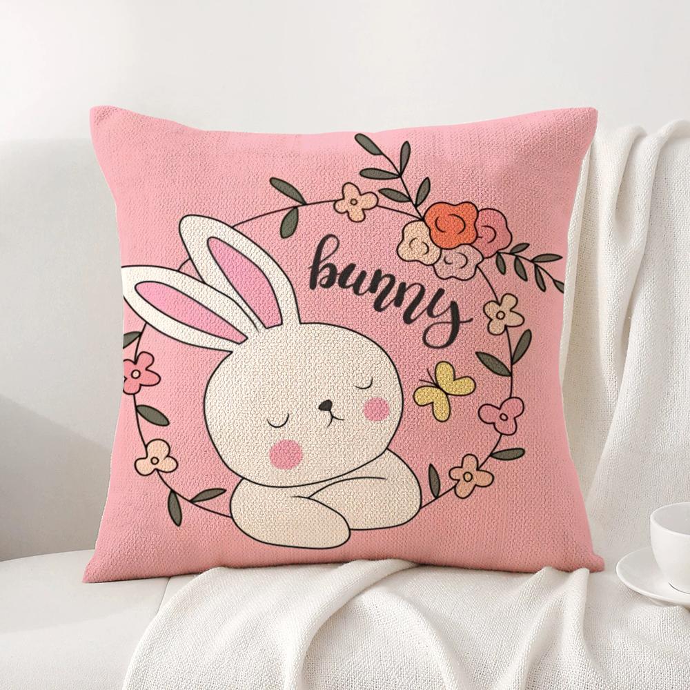 Cute Bunny Easter Cushion Cover Natural Linen Organic Fabric Double-Sided Printing Sofa Home Decor Gift Pillow Cover
