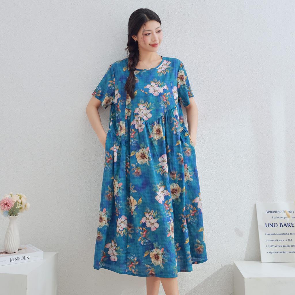 DIMANAF 2025 Women Plus Size Spring Summer Dress Casual Floral Dress Basic Linen Loose Long Blue Dress