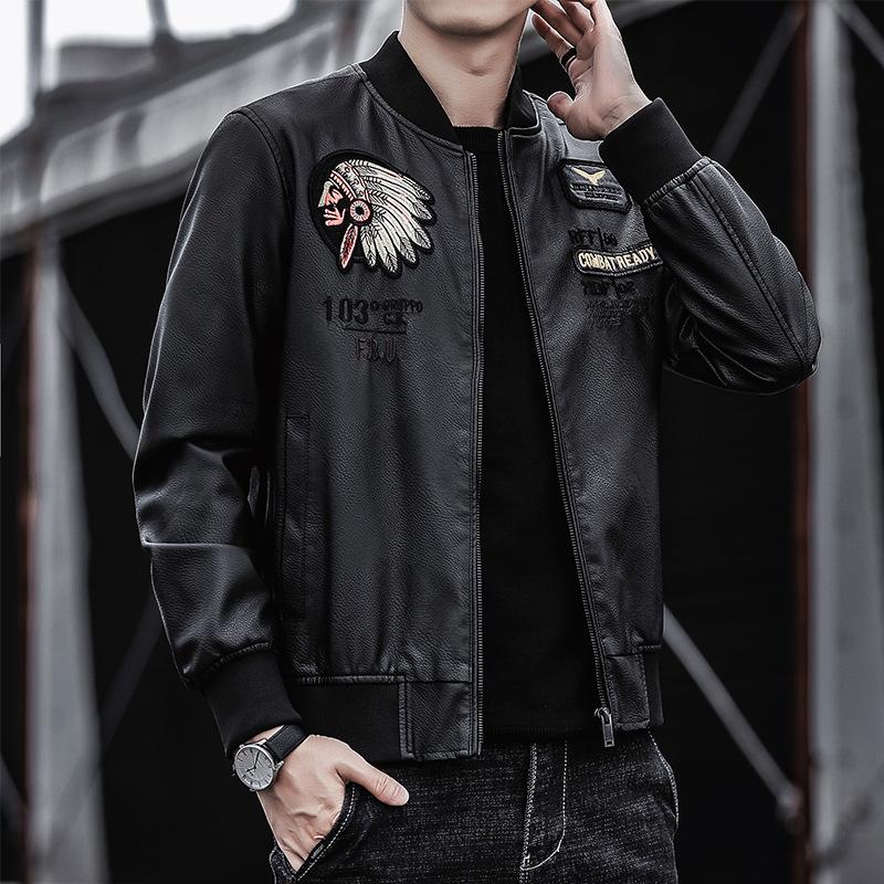 South East Asia Men's PU Leather Jacket Baseball Collar Embroidered Locomotive Clothing Spring and Autumn Men's Casual Trend Leather Jacket