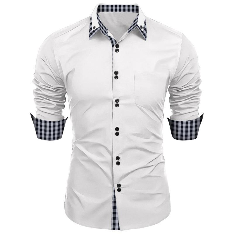 Fashionable Men's Spring Autumn Men's Plaid Color Matching Slim Casual Shirt Long Sleeved Shirt