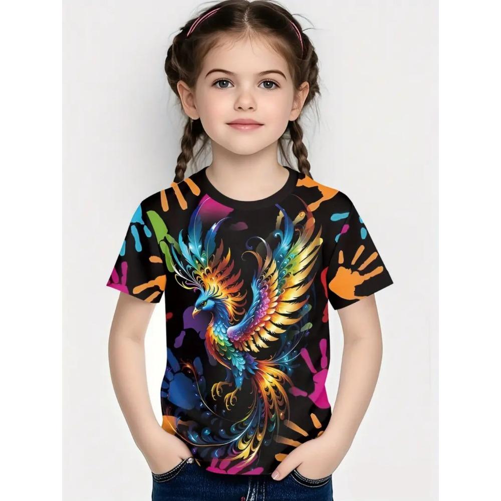 Summer T-shirt for Girls Cute Cat Print Tops Fashion Comfort Round Neck Short-sleeved Outdoors Quick-drying Children's Clothing