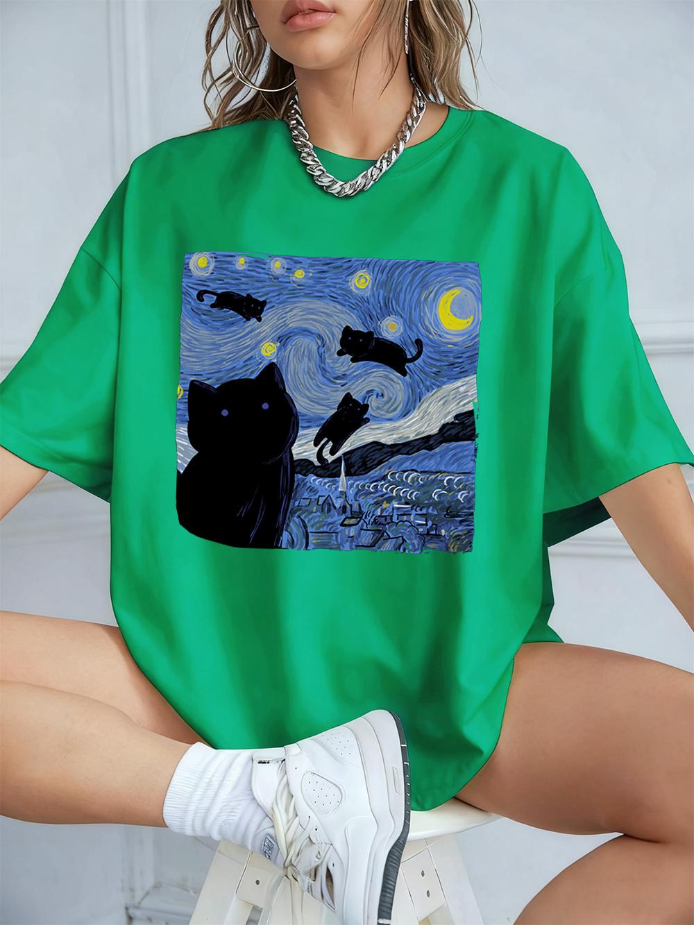 

The Starry Cat Night Printing TShirts Womens Cotton Summer Short Sleeve Tops Soft Loose ONeck T Shirt Casual Womans Clothes 4XL