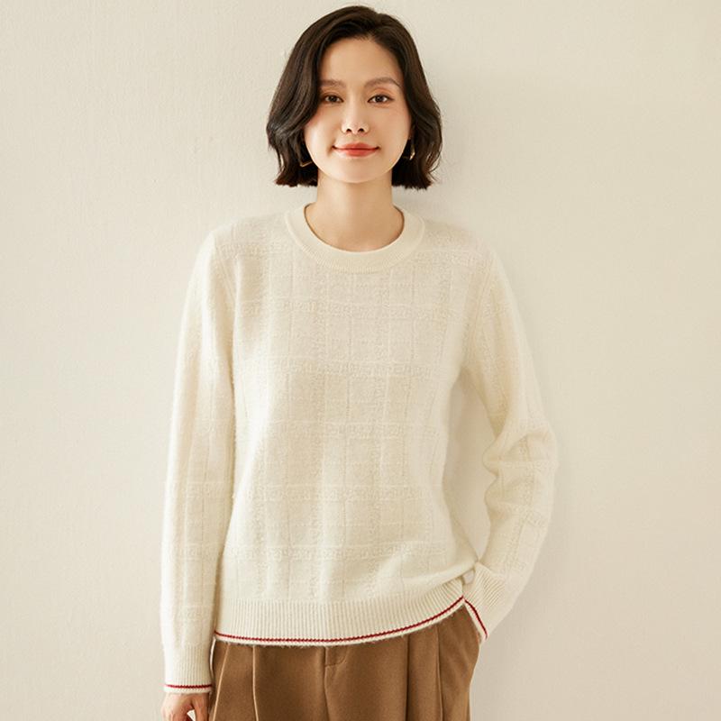 Women's Textured Cashmere Crew Neck Long-Sleeve Pullover Top for Autumn/Winter