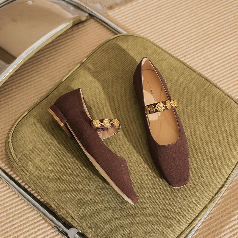 22309 Flat Shoes Women's Thick Heel New Square Head Word with Mary Jane Shoes Retro Shallow Mouth Matte Low Heel Single Shoes
