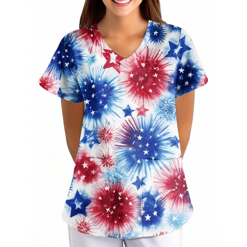 Womens V Neck Short Sleeve Printed Scrub Top Loose Fit with Pocket Comfortable Soft Material for Healthcare Uniforms