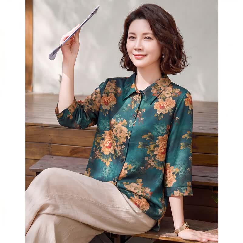 Haoyi Women s Summer Chinese Style Floral Print Polo Shirt XL