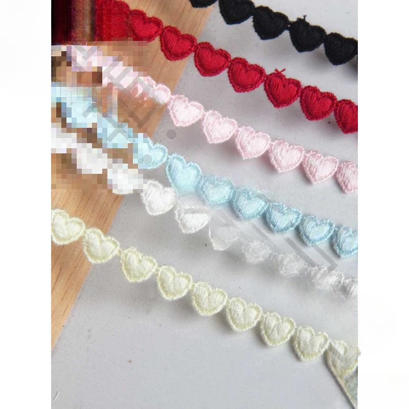 F22 Japanese Mercerized Cotton Embroidery Lace Trim with Small Heart Design, 0.8cm Width, for Skirt Hem Decoration and DIY Clothing.