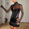 Elegant Solid Color Mesh Mini Dress with Sexy Cutout Waist and Low-Cut Long Sleeves for Spring 2025