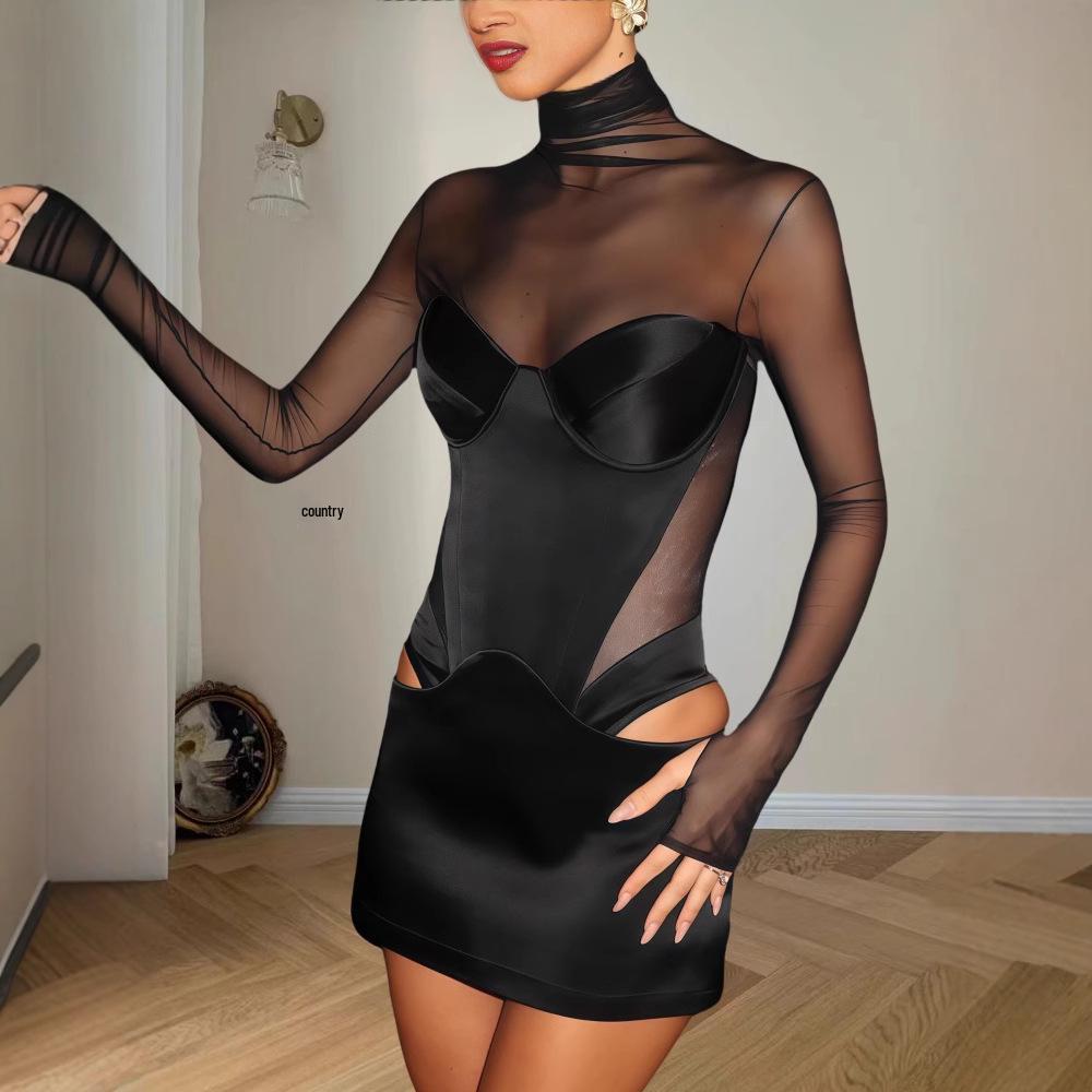 Elegant Solid Color Mesh Mini Dress with Sexy Cutout Waist and Low-Cut Long Sleeves for Spring 2025