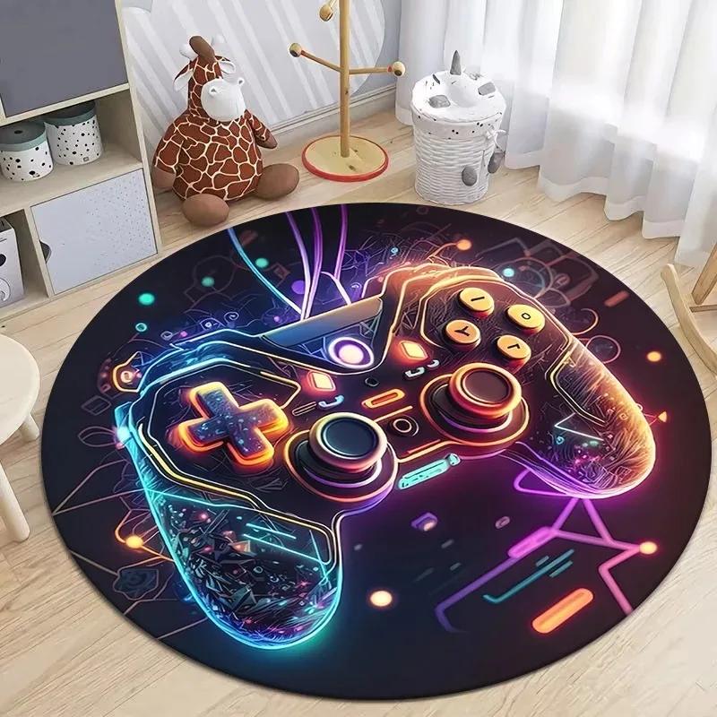 Game Controller Round Area Rug Cartoon Gamer Carpet Rug for Living Room Children's Bedroom Sofa Decor Non-slip Floor Mat