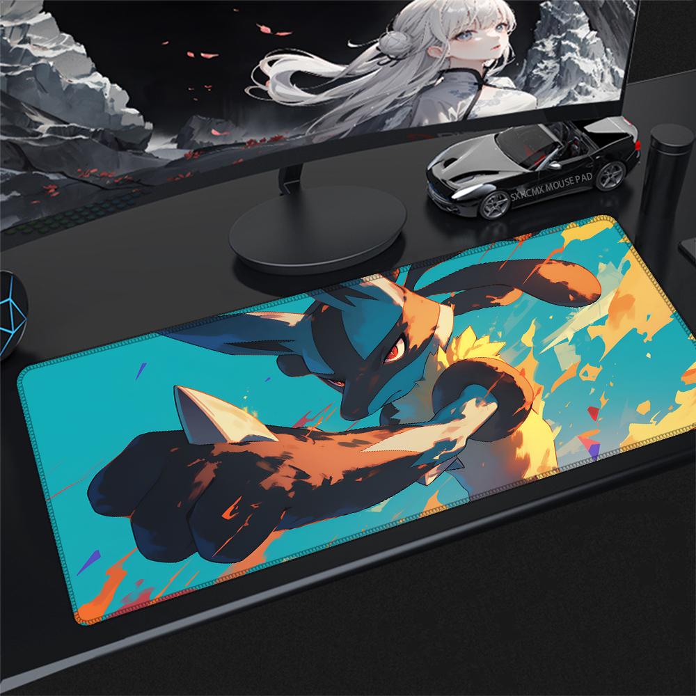 P-Pokemon Lucario Gaming Mouse Pad Large Extended Desk Mat Anime Pc Gamer Accessories Big Anti-Slip Playmat for Computer Laptop