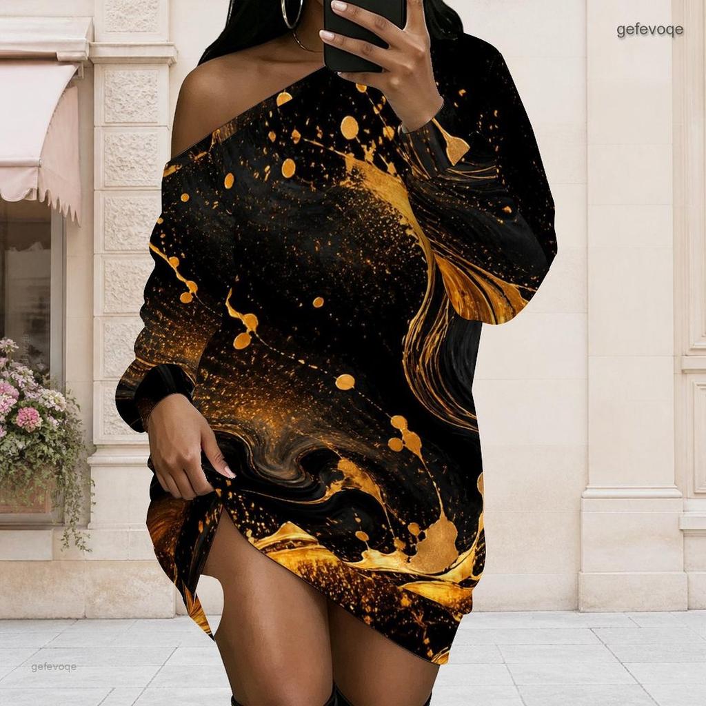 Women Plus Size One Shoulder Long Sleeve Galaxy Print Loose Tunic Dress