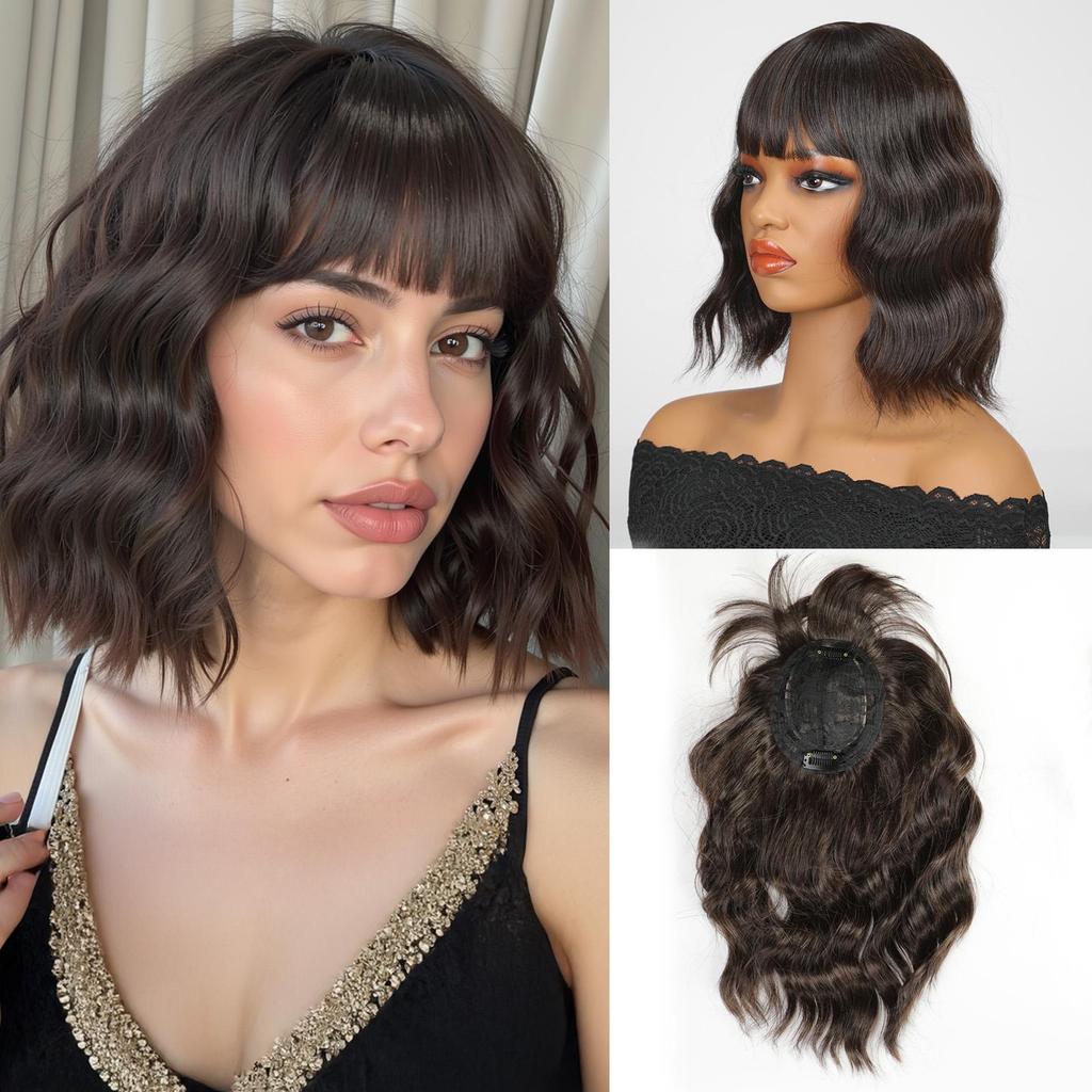 Short Curly Wavy Bob Wig 12 Inch Shoulder Length Middle Part Short Brown Wig Heat Resistant Synthetic Party Costume Cosplay Wig For Girls Wear Wigs