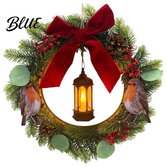 Plump Simulated Pine Branch Wreath Lighted Bird Christmas with Lantern Rustic Artificial Velvet Bow Indoor Outdoor Winter Festive Ornaments