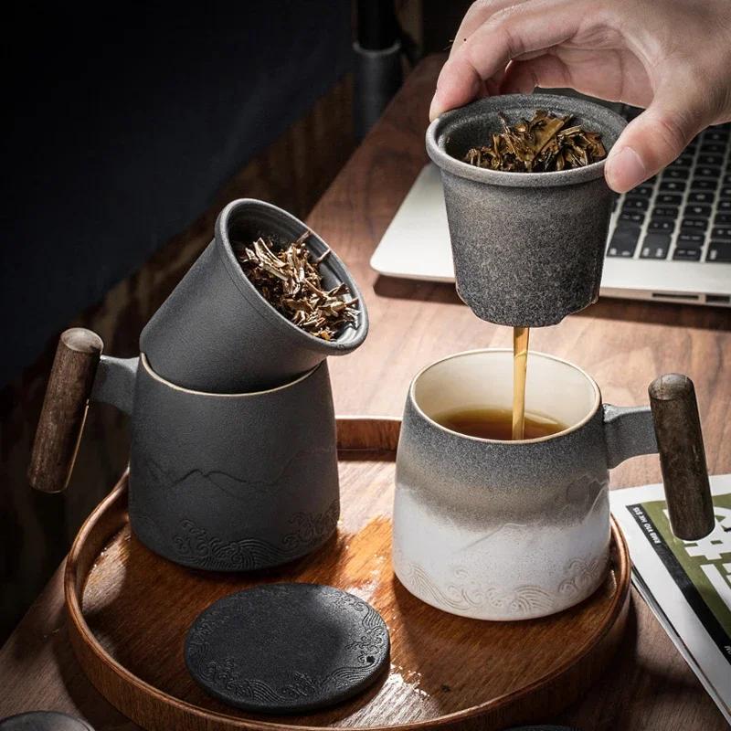 Luxury Mug Ceramic Tea Cup Handmade Aesthetic Chinese Retro Mugs Coffee Cups Elegant Teacup Teaware Water Cup Wooden Handle Business Gift Set