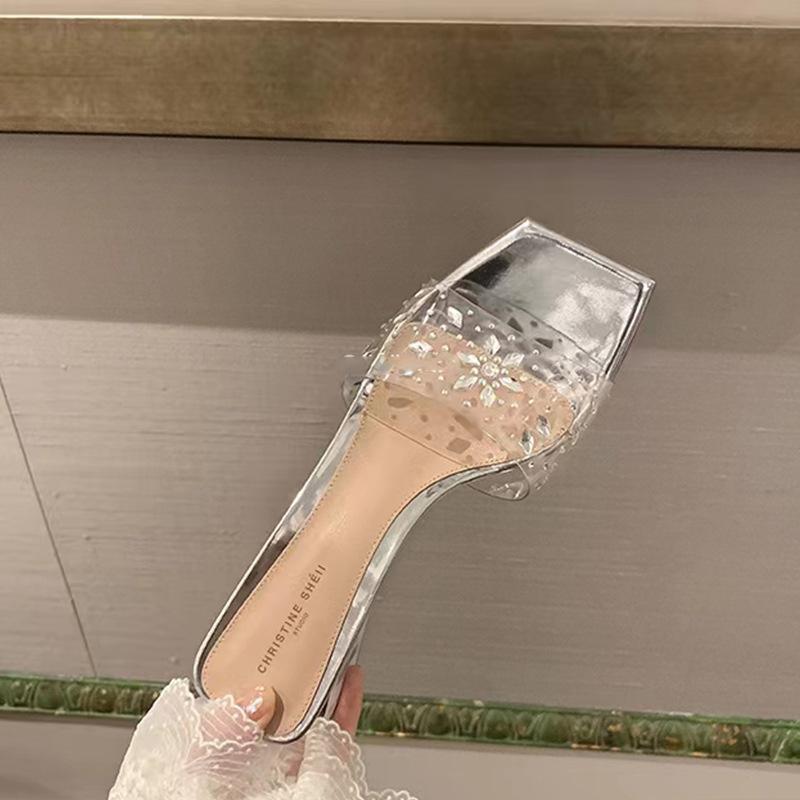 [sheii Su Yinyin] Nanfeng Zhiyi~ Square Head Rhinestone with Transparent Crystal Thick Heel Slippers Women's Sandals Outside