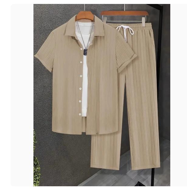 Men s Striped Short-Sleeve Button-Up Shirt with Lapel & Drawstring Long Pants Set. Large