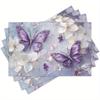 4pcs Linen Placemats Set, Elegant Purple Butterfly & Floral Design, 12x18 Inches - Ideal for Kitchen & Dining Room Decor, Home Gatherings, and Party