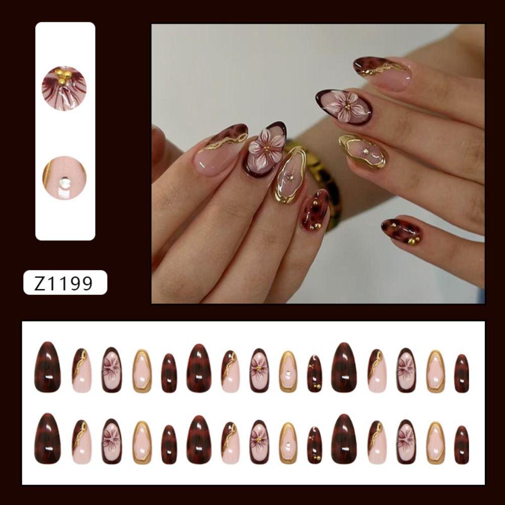 Manicure Long Almond False Nails French Aurora Fake Nails Detachable Gilding Flower Tomato Press on Nails DIY