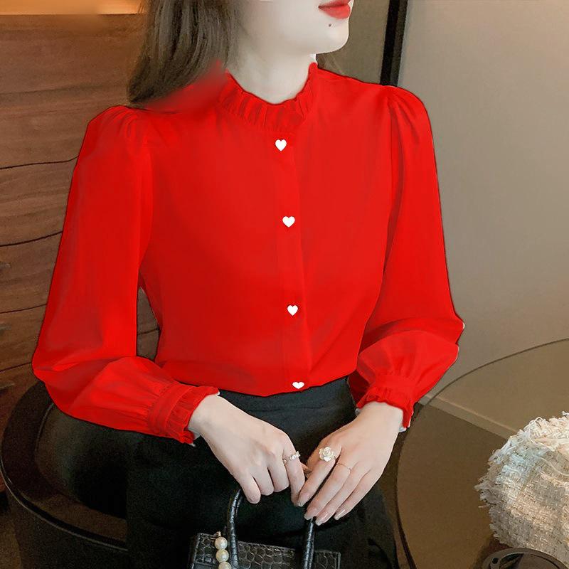 2024 Frühling Damen Slim Fit Langarmhemd - Französischer Stil, Stehkragen, Koreanische Mode, Professioneller Look