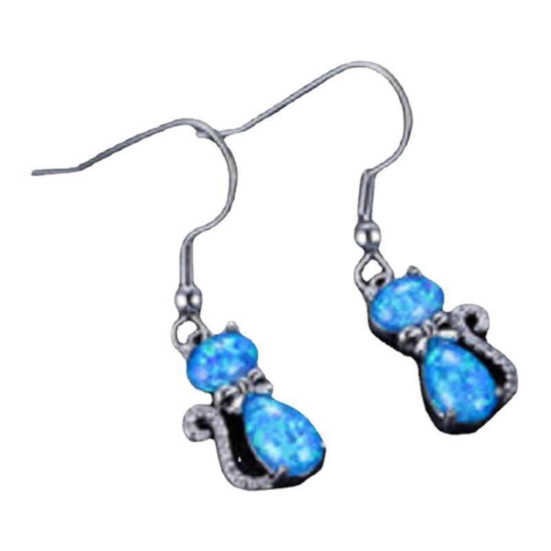 Wish White Gold Rose Gold Blue and White Opal White Diamond Cat Bow Earrings Versatile Ear Hook