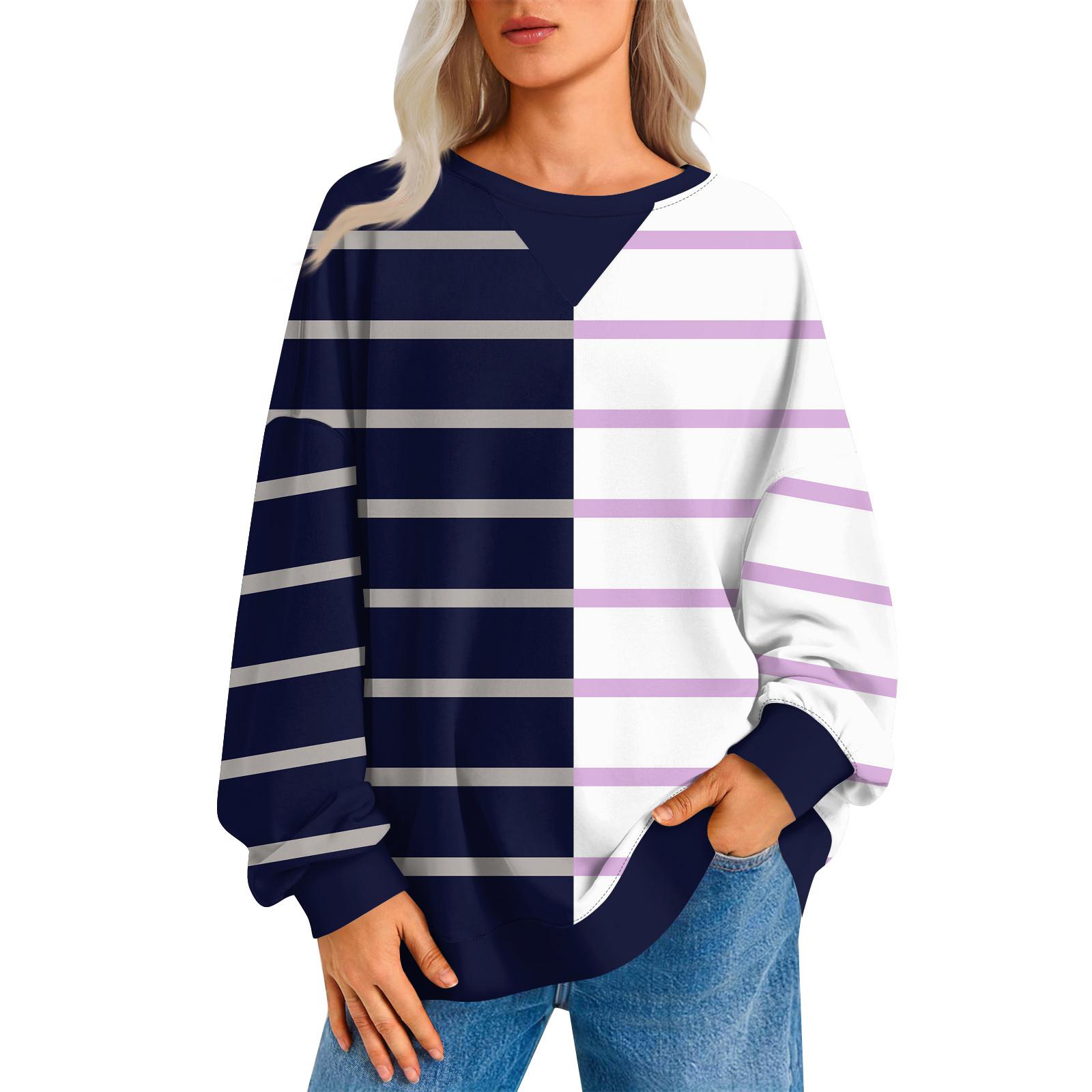 

Жіночий повсякденний пуловер у смужку, сорочка з довгим рукавом, великий світшот S Темно-синій