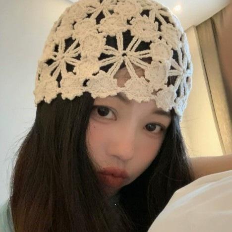 Headscarf Hollow Crochet Hat Knitted Spring and Summer Children's Flowers Breathable Baotou Hat Trendy Fashion Handwoven Thin Hat