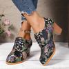 Vintage satin embroidered short boots women's lace-up high heels thick heel pointed head large size fashion boots European size