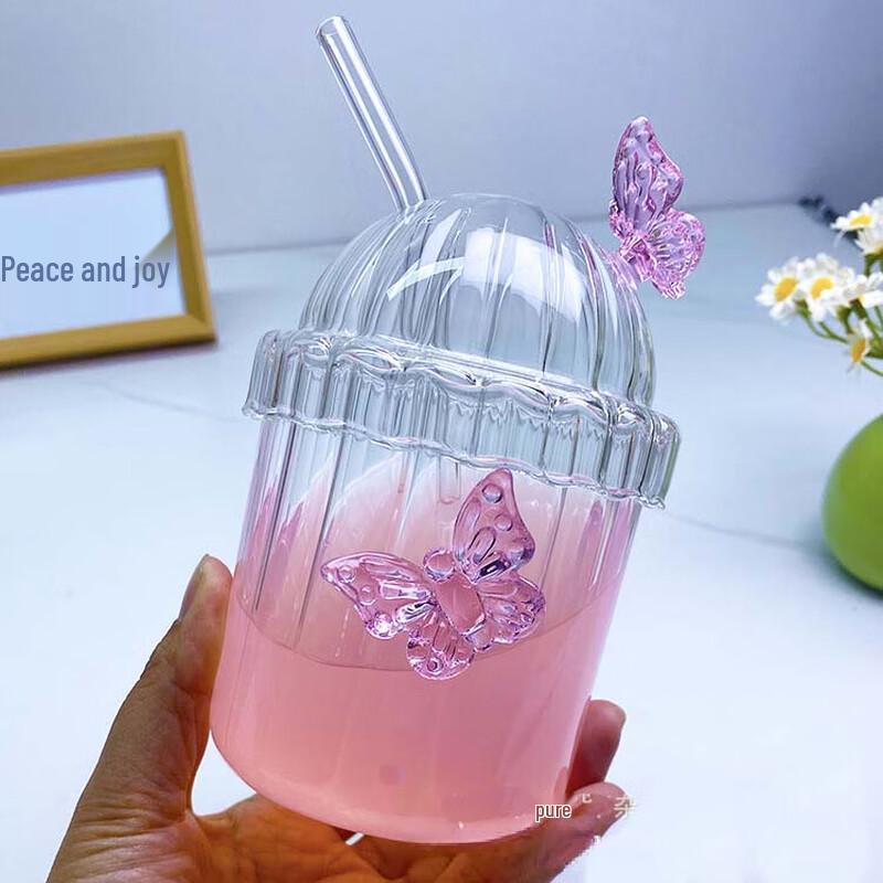 Butterfly Stripe Glass Straw Cup