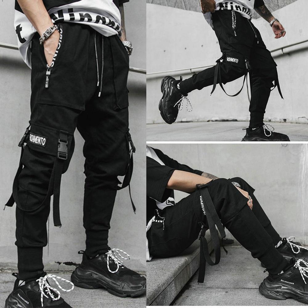 Hip Hop Joggers Men Black Multi-pocket Ribbons Man Sweatpants Streetwear Casual Mens Pants
