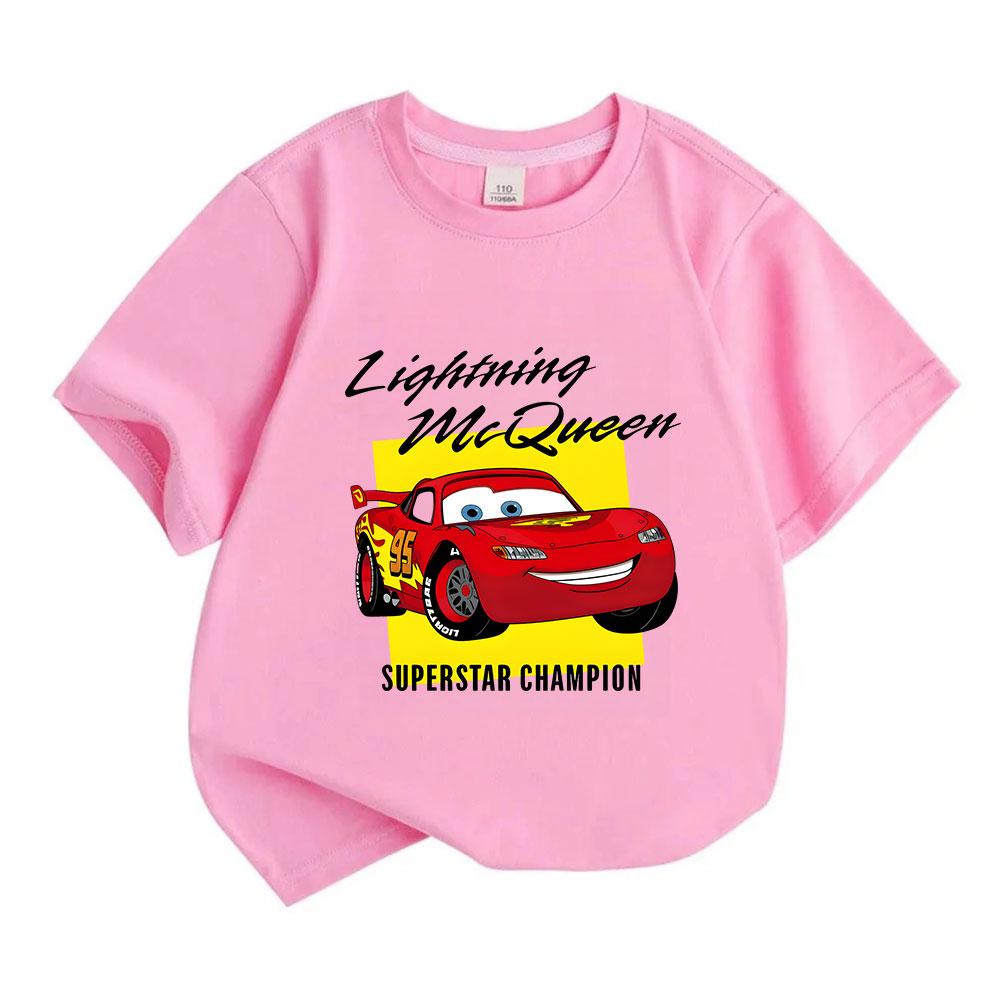 Kids Boys Girls Crew Neck Short Sleeve T-Shirt, 100% Cotton Casual Top with Cute Racing Car Superstar Champion Print, Comfortable Summer Tee for Daily