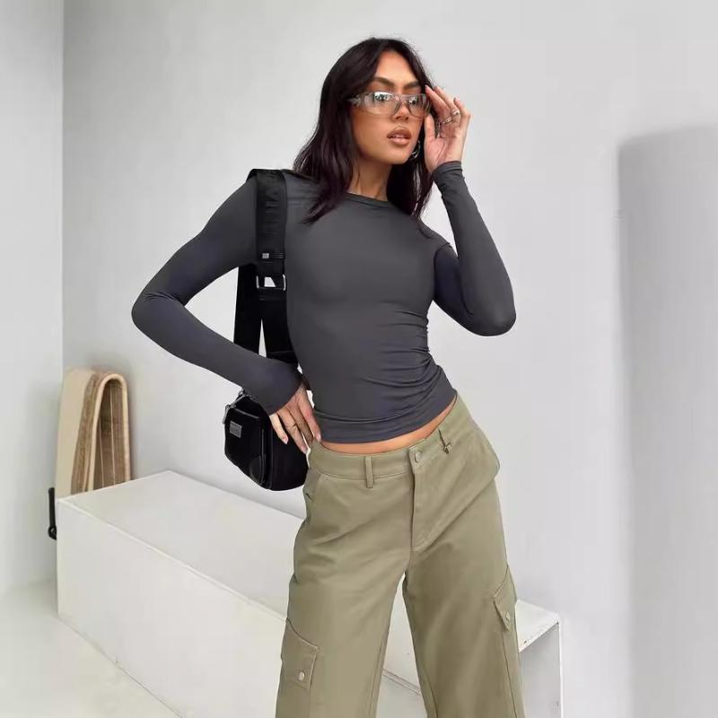 Women's Versatile Irregular Slim-fit Bottoming Top T-shirt Round Neck Solid Color Slim-fit Long Sleeves