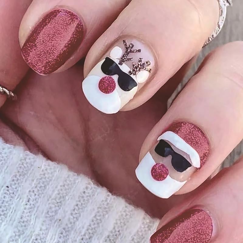 24Pcs Christmas Press on Nails Square French Tip Fake Nails Silver Glitter Nail Design Full Cover False Nails Snowflake Glue on Nails Cute Acrylic