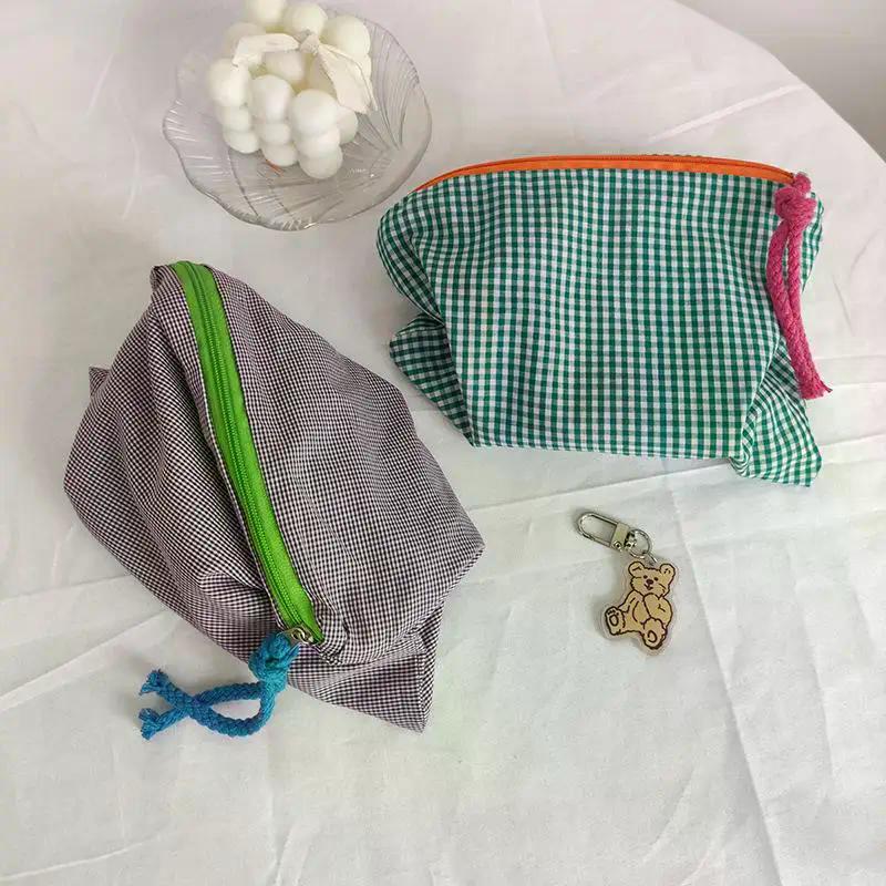Women Girls Plaid Makeup Bag Cotton And Linen Cosmetic Bag With Zipper Pouch Simple Portable Large Capacity Storage Bag Fashion