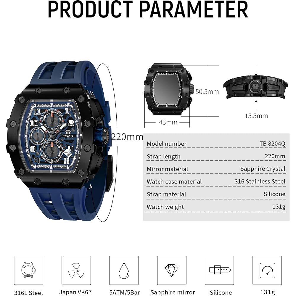 Tsar Bomba Men's Classic Tonneau Face Watch 50M Waterproof Sapphire Crystal Silicone Strap Blue 16.8mm Case Thickness