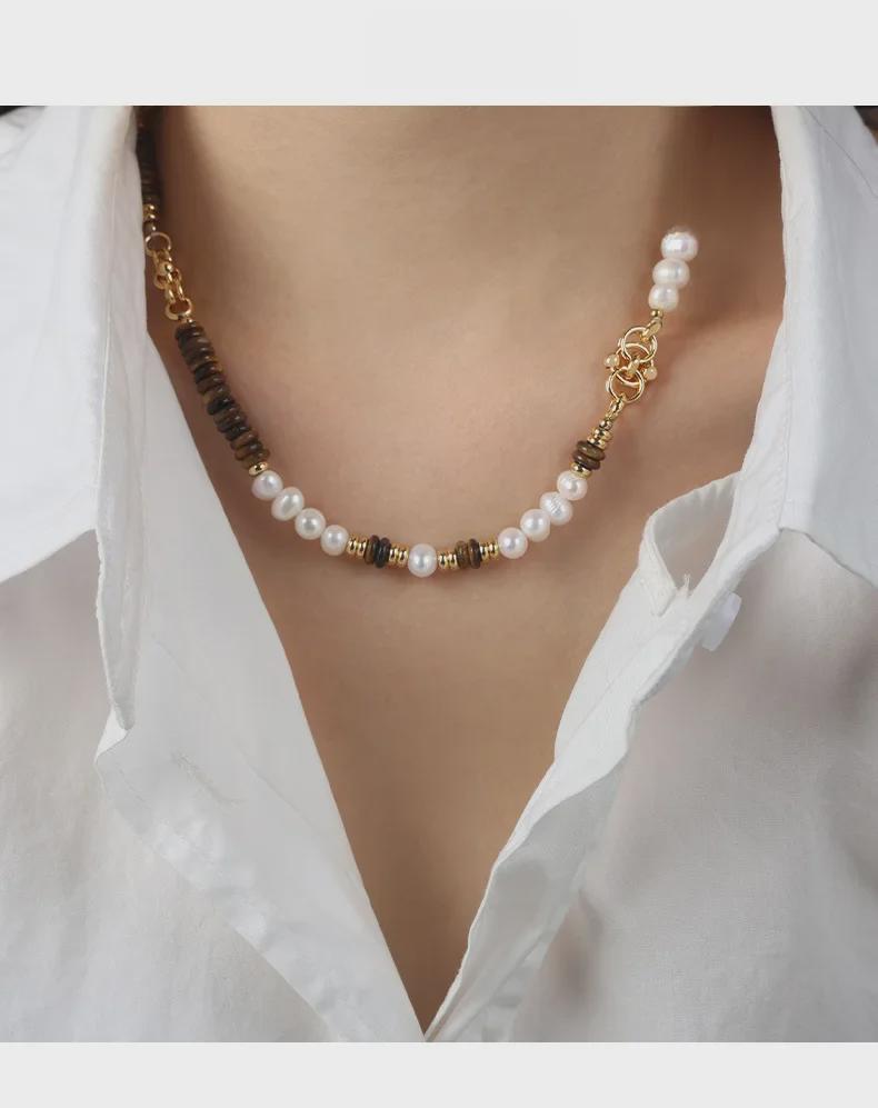 Europejski i Amerykański Styl Pałacowy Kamień Tygrysie Oko i Perła Słodkowodna Ręcznie Robiony Naszyjnik Bransoletka