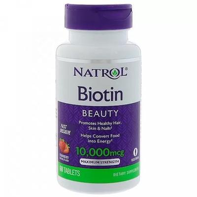 Biotin, Strawberry Flavor, 10,000 Mcg, 60 Tablets