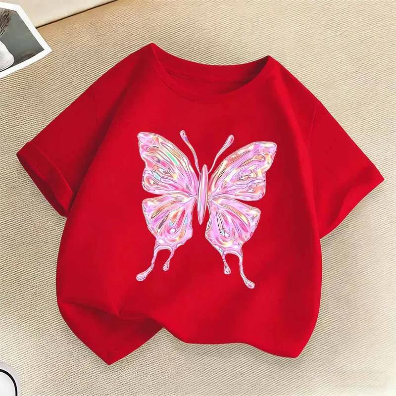 Beautiful Butterfly Print T Shirts For Girls Summer Children Casual Cute Colorful Tops Kids Comfortable Oneck Short Sleeve Tees