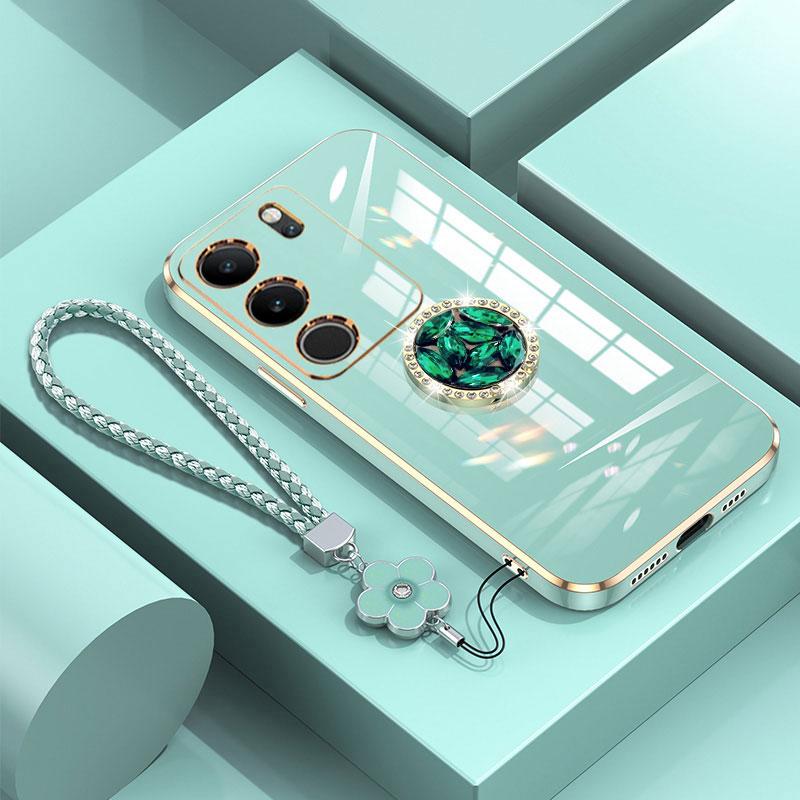 V29 5G Pouzdro Luxusní Kryt s Diamantovým Prstenem Pro Vivo V29 V29E V25 V21 V21E V20 SE Y76 Y75 Pouzdro na Telefon Se Šňůrkou Pokovené Pouzdro V 29