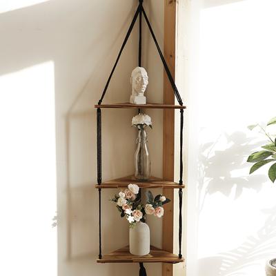 3-nivå Triangel Trä Väggmonterad Flytande Vägg Hylla Hörn Förvaringsställ Heminredning Växt Blomkruka Bricka Displayställ